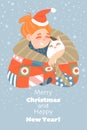 Christmas card with little girl and white cat