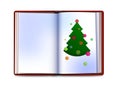Christmas card looks like a book with christmas tree inside on white background, write your christmas story concept,