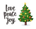 Christmas card. Love peace joy text. Cartoon Christmas tree isolated on white background. Winter holidays decorations Royalty Free Stock Photo