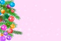 Christmas card made of pine branches with christmas balls. Empty place pink background with snowflakes. illustration.