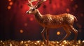 Christmas Card - Magic Golden Deer In Shiny Red Background, generative ai Royalty Free Stock Photo