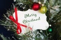 Christmas Card with Merry Christmas message tied with a red bow, in a snowy tree with red and green ornaments. It`s a closeup ph