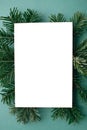 Christmas card mock up. Modern greeting card flat lay with green fir branches on green background. Empty postcard template with Royalty Free Stock Photo