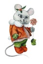 Christmas Card. Mouse in winter clothes with a lollipop. Watercolor hand drawn illustration