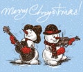 Christmas card with the musicians snowmen Royalty Free Stock Photo