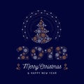 Christmas card and New Year 2018 poster. Christmas tree and number 2018 made of snowflakes. Vector line art illustration Royalty Free Stock Photo