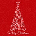 Christmas card with ornate Christmas tree on a red background. Vector