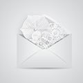 Christmas card with paper snowflakes inside open envelope. Paper elements with diamonds Royalty Free Stock Photo