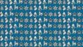 Christmas card pattern of wooden decorative figures on theme of New Year celebrations.