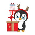 Christmas card. Penguin with reindeer hat and many gifts Royalty Free Stock Photo