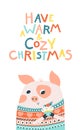 Christmas card with pig and cupcake. Warm and cozy Christmas. Vector cartoon illustration in simple childish hand drawn