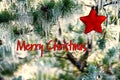Christmas card with pine tree and iciles, red star and Merry Christmas text Royalty Free Stock Photo