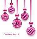 Christmas Card with Pink Glassy Balls with Bow Ribbon Royalty Free Stock Photo