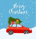 Christmas card or poster design with retro red pickup truck with christmas tree on board. Template for new year party or event Royalty Free Stock Photo