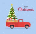 etro red pickup truck with christmas tree Royalty Free Stock Photo