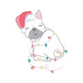 Christmas card. Poster of portrait bulldog in a Santa's hat.