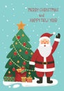 Christmas card or poster Santa Claus waving hand, bagful of gifts, Christmas tree, snow and text Merry Christmas