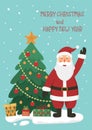 Christmas card or poster Santa Claus waving hand, gift boxes, Christmas tree, snow