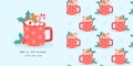 Christmas card with red cup of cocoa with Gingerbreadmen and marshmallows. Vector illustrations