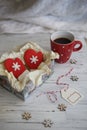 Christmas card red cup cocoa mittens snowflakes