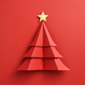 Christmas card. Red paper composition. Christmas tree with star. Generative AI