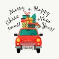 Christmas card. Red retro car with a fir tree and gifts. Vector illustration. Royalty Free Stock Photo