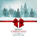 Christmas card with red ribbon bow and forest. Vector