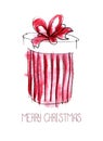 Christmas card. Red striped round gift box with a magnificent bow. Merry Christmas lettering. Hand drawn color sketch watercolor