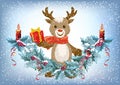 Christmas card with reindeer deer holding gift box and spruce garland with burning candle and bullfinch bird in Santa hat on the Royalty Free Stock Photo