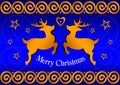 Christmas card with reindeer, stars, heart and modern ornaments inside Gold on a royal blue background