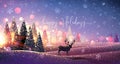 Christmas Card with Reindeer, Winter Sunny Landscape. Vector