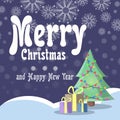 Christmas card in retro style. Christmas tree with garlands stands on snow underneath boxes with gifts on a background of the nigh Royalty Free Stock Photo