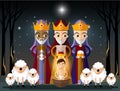 Christmas card in retro style with three kings bringing gifts to Jesus.