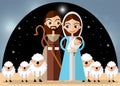 Christmas card in retro style with three kings bringing gifts to Jesus.