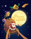 Christmas Card. Santa with the bunch of presents and candies riding on a sleigh with the moon at the background. Merry Christmas Royalty Free Stock Photo