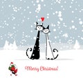 Christmas card with santa and cats couple Royalty Free Stock Photo