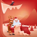 Christmas card with santa claus and deer. New year landscape