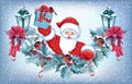 Christmas card with Santa Claus with gift box and christmas decorative garland with flashlights and funny bullfinches. New Year