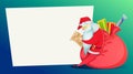 Christmas card. Santa Claus, with a huge bag of gifts, reads the letter. Royalty Free Stock Photo