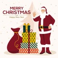 Christmas card. Santa Claus with huge red bag with presents and giftboxes. Can be used as Christmas and New Year posters, gift Royalty Free Stock Photo