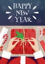 Christmas card with Santa Claus packing a gift. Flat lay vector New Year poster