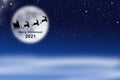 Christmas card with santa claus, reindeer, sleigh, gift and christmas tree on the background of the big moon in the night Royalty Free Stock Photo