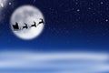 Christmas card with santa claus, reindeer, sleigh, gift and christmas tree on the background of the big moon in the night Royalty Free Stock Photo