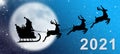 Christmas card with santa claus, reindeer, sleigh, gift and christmas tree on the background of the big moon in the night Royalty Free Stock Photo