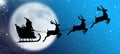 Christmas card with santa claus, reindeer, sleigh, gift and christmas tree on the background of the big moon in the night Royalty Free Stock Photo