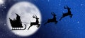 Christmas card with santa claus, reindeer, sleigh, gift and christmas tree on the background of the big moon in the night Royalty Free Stock Photo