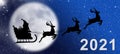 Christmas card with santa claus, reindeer, sleigh, gift and christmas tree on the background of the big moon in the night Royalty Free Stock Photo