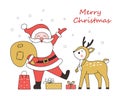 Christmas card Santa Claus, reindeer and snowman. Vector illustration