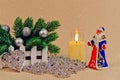 Christmas card with Santa Claus, Snow Maiden.pine and Christmas tree. A candle is Royalty Free Stock Photo