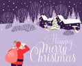 Christmas card with Santa Claus who came to the village to deliver gifts